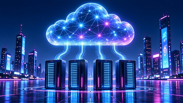 Futuristic cloud computing network hovering over digital database servers in a glowing cyberpunk smart city at night.