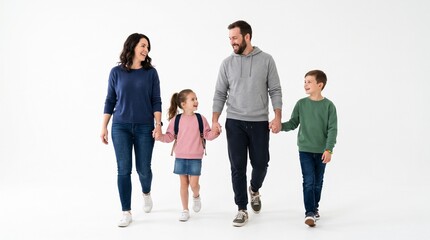 Fototapeta premium Happy family of four walking together holding hands, smiling and looking at each other, isolated on white background