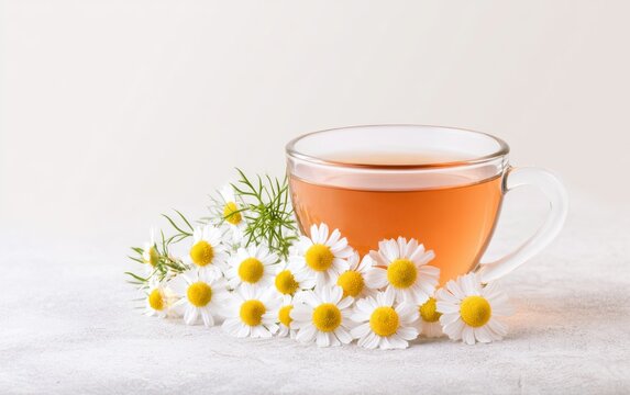 Fresh Chamomile Herbal Tea Infusion with Flowers in a Clear Cup on a Soft Background