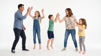 Fototapeta premium Happy family of five jumping and giving high fives, isolated on white background