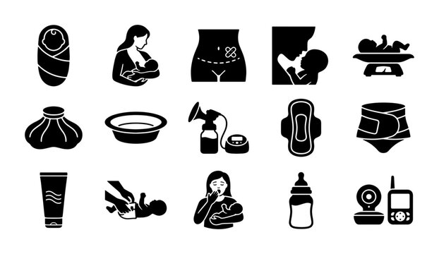 Postpartum care icon set, 15 black solid vector symbols for maternity health, newborn baby essentials and breastfeeding equipment illustrations