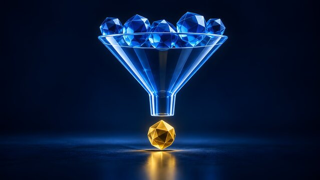 Transparent Funnel Filtering Blue Geometric Crystals into a Single Valuable Glowing Golden Core