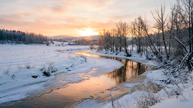 Winter river landscape with frozen banks and dramatic sunset sky reflection