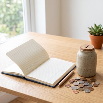 Household Budgeting Desk with Blank Ledger Coins and Copy Space