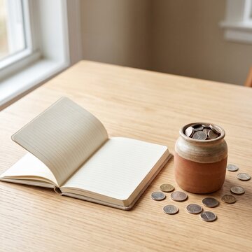 Household Budgeting Desk with Blank Ledger Coins and Copy Space