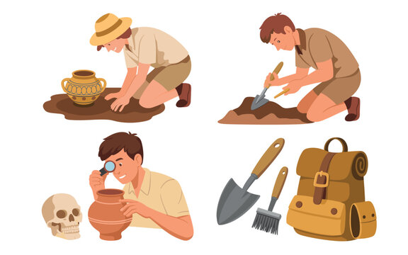 Professional archaeologists carefully excavating ancient artifacts like pottery and skulls with tools in bright daytime light.