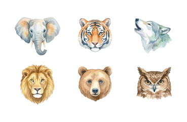 Fototapeta premium Watercolor Wild Animal Head Icons Set on Isolated Background