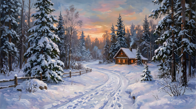 Snowy winter landscape with a cozy cabin nestled among frosted evergreen trees at sunset