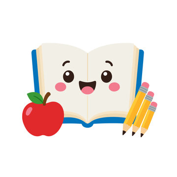 Cute open book with apple and pencils for back to school