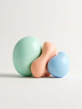 Minimalistic abstract composition featuring smooth, rounded shapes in soft pastel tones of mint, peach, and sky blue. Clean and elegant visual, negative space, abstract, non-representational