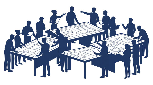Architectural team silhouette working on blueprints, professional engineers collaborating on construction plans, blue business meeting graphic