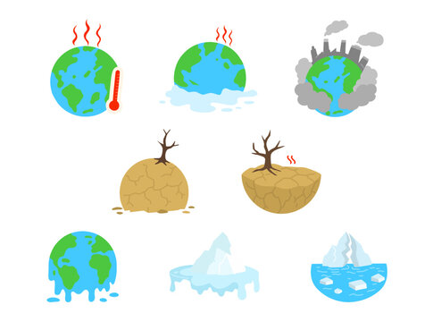 Set of global warming planet earth icons showing high temperature, factory pollution, drought cracked soil, and melting icebergs.