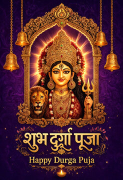 Colorful Durga Puja Celebration Illustration Featuring Goddess With Lion