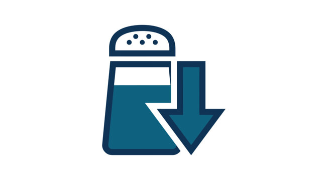 A clean blue vector icon representing a low sodium diet with a salt shaker and a downward arrow symbolizing reduced salt intake for health and