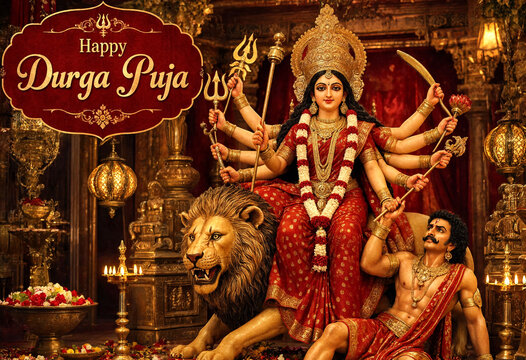 Colorful Durga Puja Celebration Featuring Goddess Durga Statue with Lion