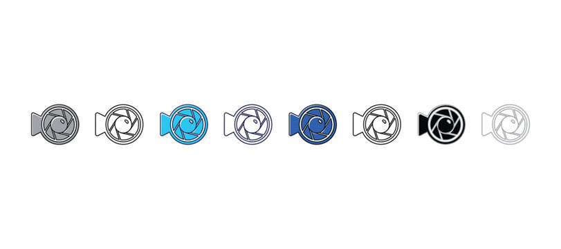 Camera shutter and lens aperture icons in blue vector illustration style with shutter speed aperture photography isolated professional minimalist creative interface equipment