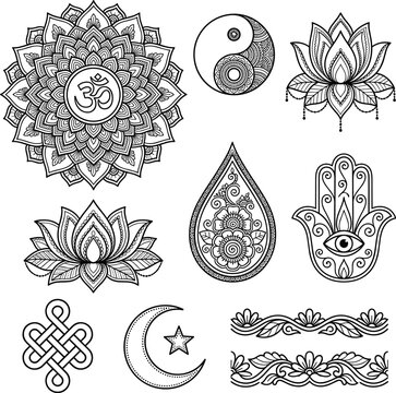  Spiritual vector elements set featuring ornamental mehndi mandala hamsa hand lotus flower om sign yin yang and traditional decorative border line illustrations