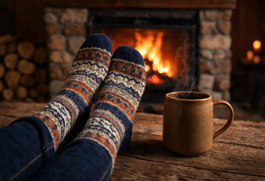 Cozy Feet Relaxing Near Warm Fireplace With Hot Drink