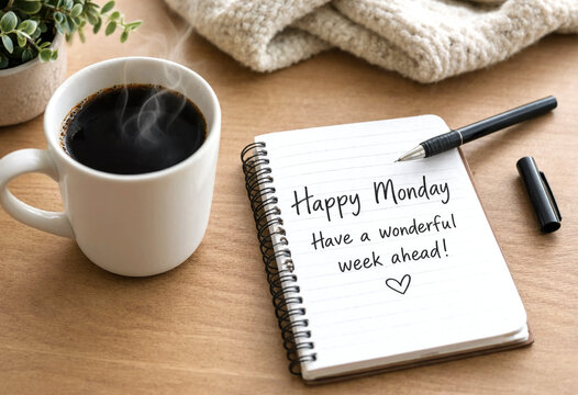 Cozy Monday morning coffee setup with motivational note and pen