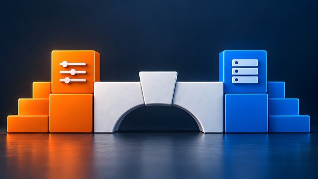 White bridge connecting an orange settings block to a blue server block representing network configuration digital transition and system integration.