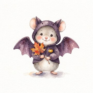 Cute mouse wearing a purple bat costume holding an autumn maple leaf on a white background