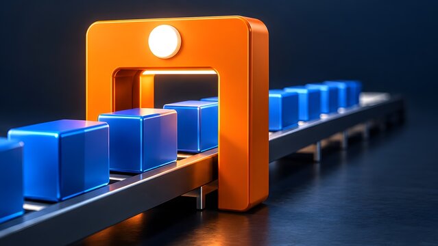 3D render of blue cubes on a conveyor belt passing through an orange scanner for quality control and automated data processing concept