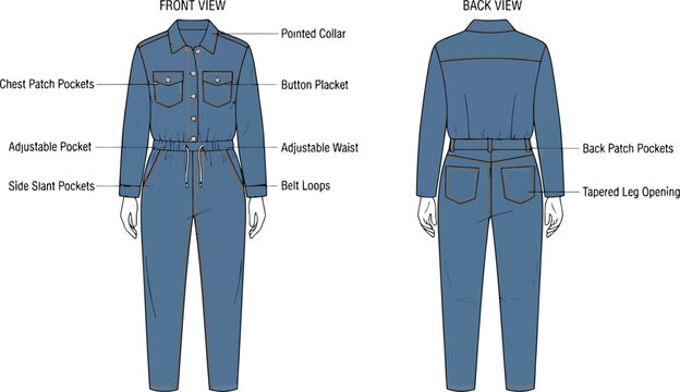 Technical flat fashion sketch of a denim jumpsuit with front and back views showing detailed construction features like pointed collar button placket and pockets