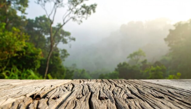 Rustic wooden surface overlooking a foggy jungle landscape