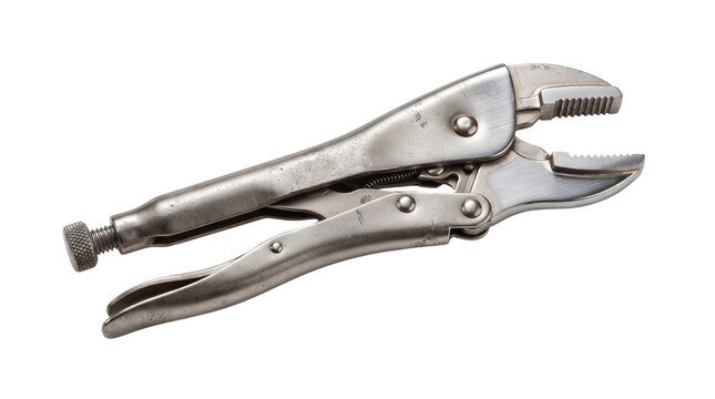 Professional locking pliers with adjustable screw, heavy duty steel mole grips for plumbing and automotive repair, industrial metal vice grips isolated PNG with Transparent Background