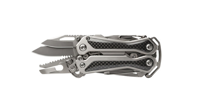 Professional multitool with carbon fiber handle, stainless steel folding pocket knife and utility tools, heavy duty tactical multi-tool for camping and survival isolated PNG with Transparent
