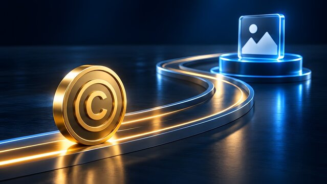 3D render of a golden copyright coin rolling towards a digital image file representing intellectual property rights and media monetization