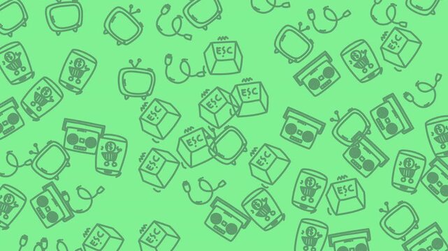 Green background pattern with electronic devices like television sets, music players, tablets, and escape keys. Suitable for techthemed designs and backgrounds.