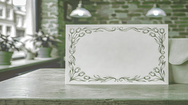 An elegant Dutch-style birthday greeting card set against the backdrop of a cozy European caf&eacute; with an Amsterdam cultural vibe, featuring a tulip-patterned frame alongside a blank card and an envelope