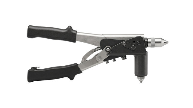 Professional rivet nut tool with ergonomic black handles, industrial manual riveter for metal fastening, heavy duty hand riveting gun for construction isolated PNG with Transparent Background