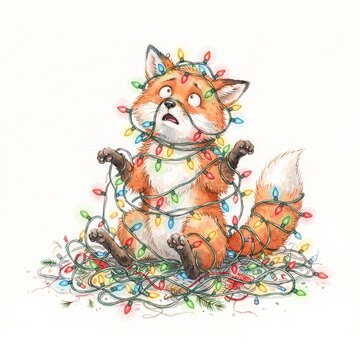 Watercolor illustration of a confused fox tangled in colorful Christmas fairy lights on white