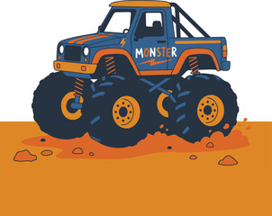 Cute blue and orange monster truck with big wheels driving off-road on dirt. Cartoon vector illustration for boys t-shirt print, apparel, or kids design. © Rayhan