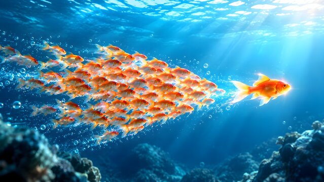 Large golden goldfish swimming forward while leading a school of small fish underwater. Concept of business leadership, unique talent acquisition, and corporate recruitment.