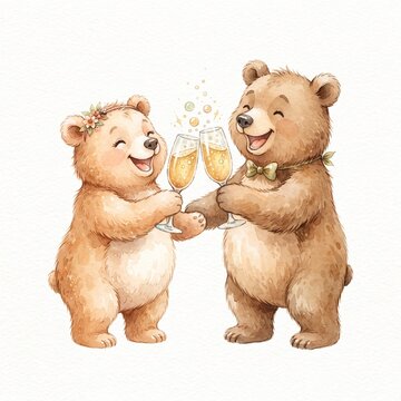 Two cute brown bears clinking champagne glasses in a festive watercolor illustration