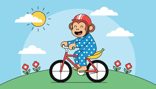 Cute cartoon monkey wearing blue polka dot pajamas and a red helmet riding a red bicycle on a grassy hill on a sunny day.