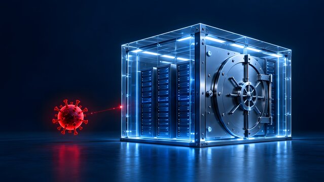 Cybersecurity concept showing a red glowing virus attacking a highly secure server rack protected inside a heavy steel vault with blue laser lighting