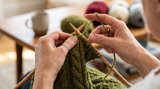 Hands knitting cozy green wool fabric on wooden needles at home