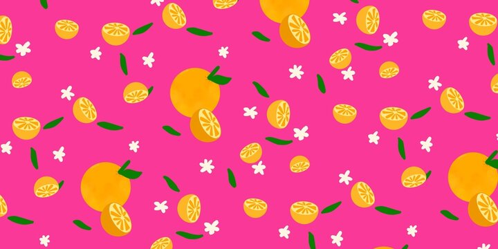 Seamless pattern illustration of orange fruit slices in flat design style isolated pink background. cartoon doodle style for fabric, picture label, wallpaper, banner, poster.