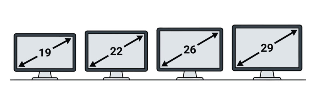 Computer monitor size comparison illustration. Desktop screens showing different display dimensions from 19 to 29 inches with measurement arrows for technology, workspace, and screen selection.