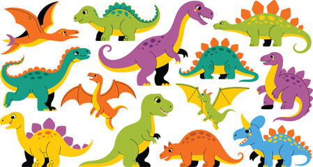 Cute cartoon dinosaurs collection featuring colorful prehistoric characters tyrannosaurus rex triceratops stegosaurus pterodactyl diplodocus and tiny dragons vector isolated illustration ©  AR Studio Company