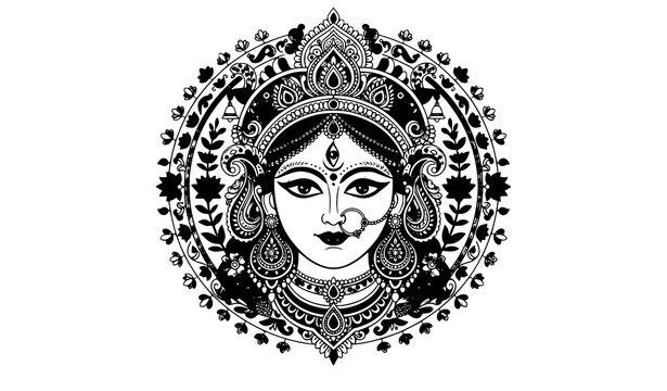 Traditional Goddess Durga face portrait with golden crown and floral ornaments vector