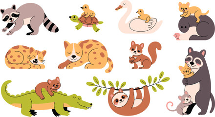Fototapeta premium Cute mother and baby animals vector collection featuring adorable forest and jungle wildlife families isolated on white background for nursery design decoration