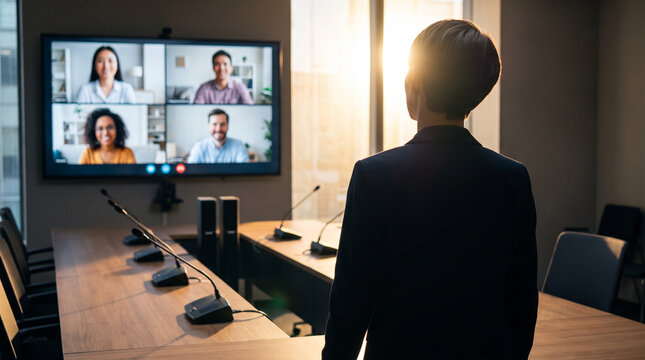 Executive leading a hybrid video conference in a modern boardroom