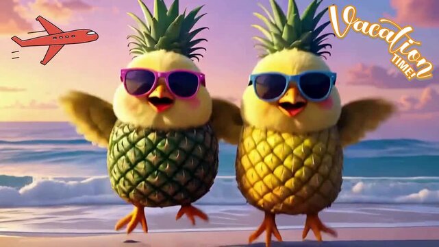 Playful pineapple-themed duck couple wearing sunglasses stands by the ocean, celebrating a colorful tropical vacation under a warm sunset sky. video