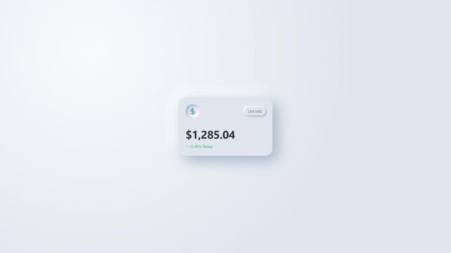Minimalist neumorphic user interface card displaying a financial balance of one thousand two hundred eighty six dollars and twenty four cents with a green percentage increase indicator.