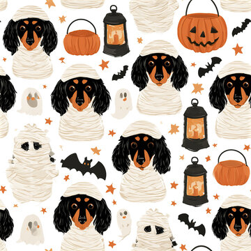 Halloween dachshund puppy pattern with mummy costume, pumpkin bucket, ghost, bat, and lantern for festive fun